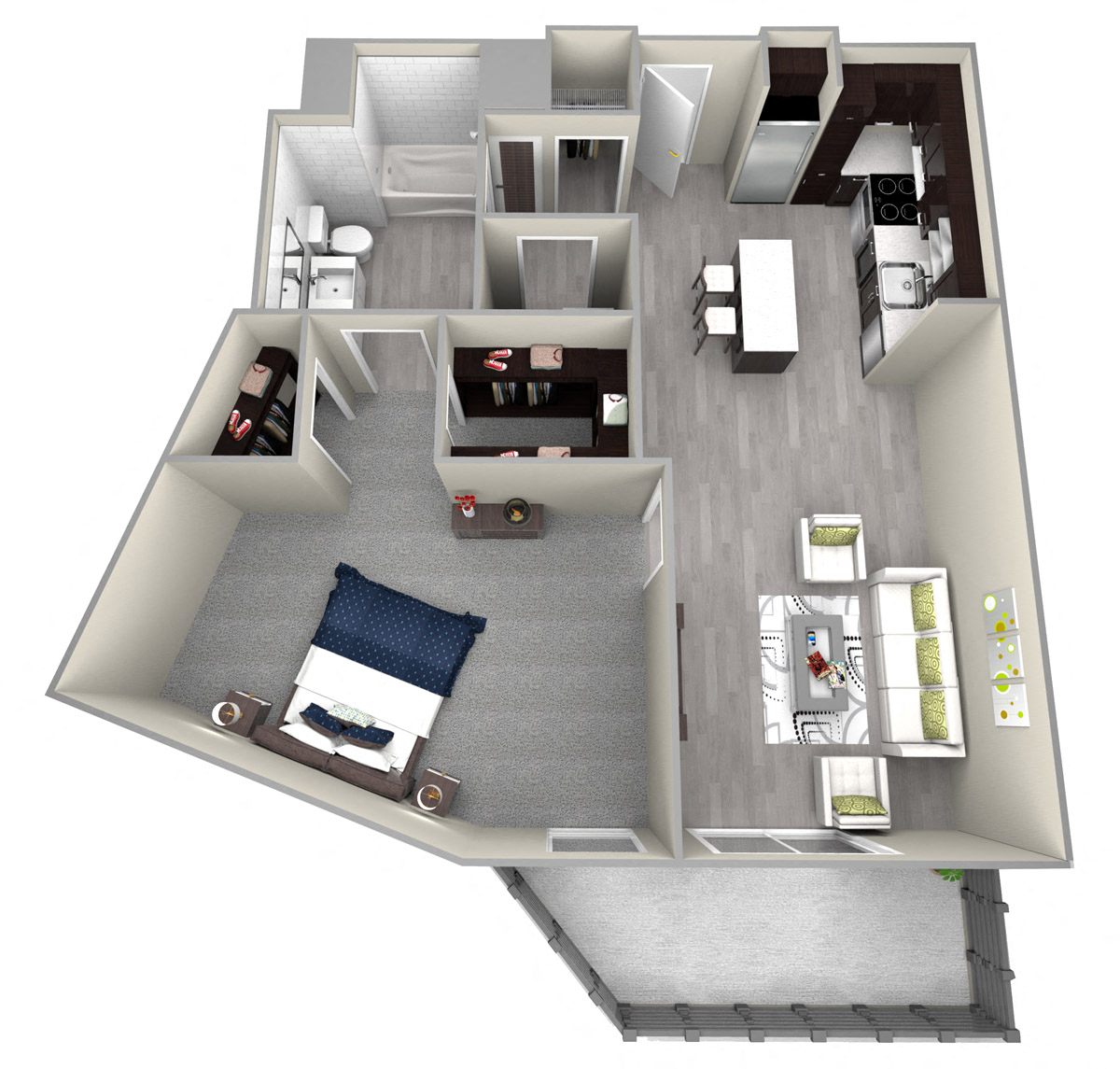 Floor plan for 1 bed, 1 bath, 908 sqft